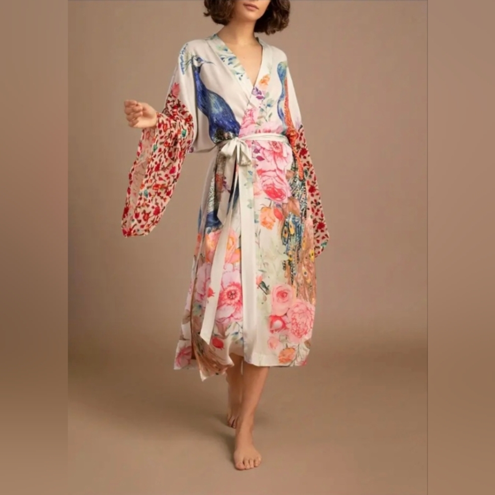 Floral Peacock Satin Robe with Bell Sleeves - White/Pink - Picture 6 of 13